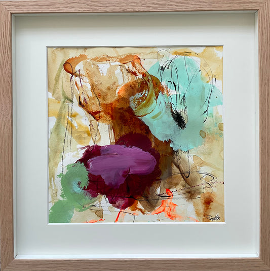 Paperwork, 40x40 cm, i boksramme af massivt egetræ by Lone Reedtz , Abstrakt ekspressivt akrylmaleri på papir i passepartout