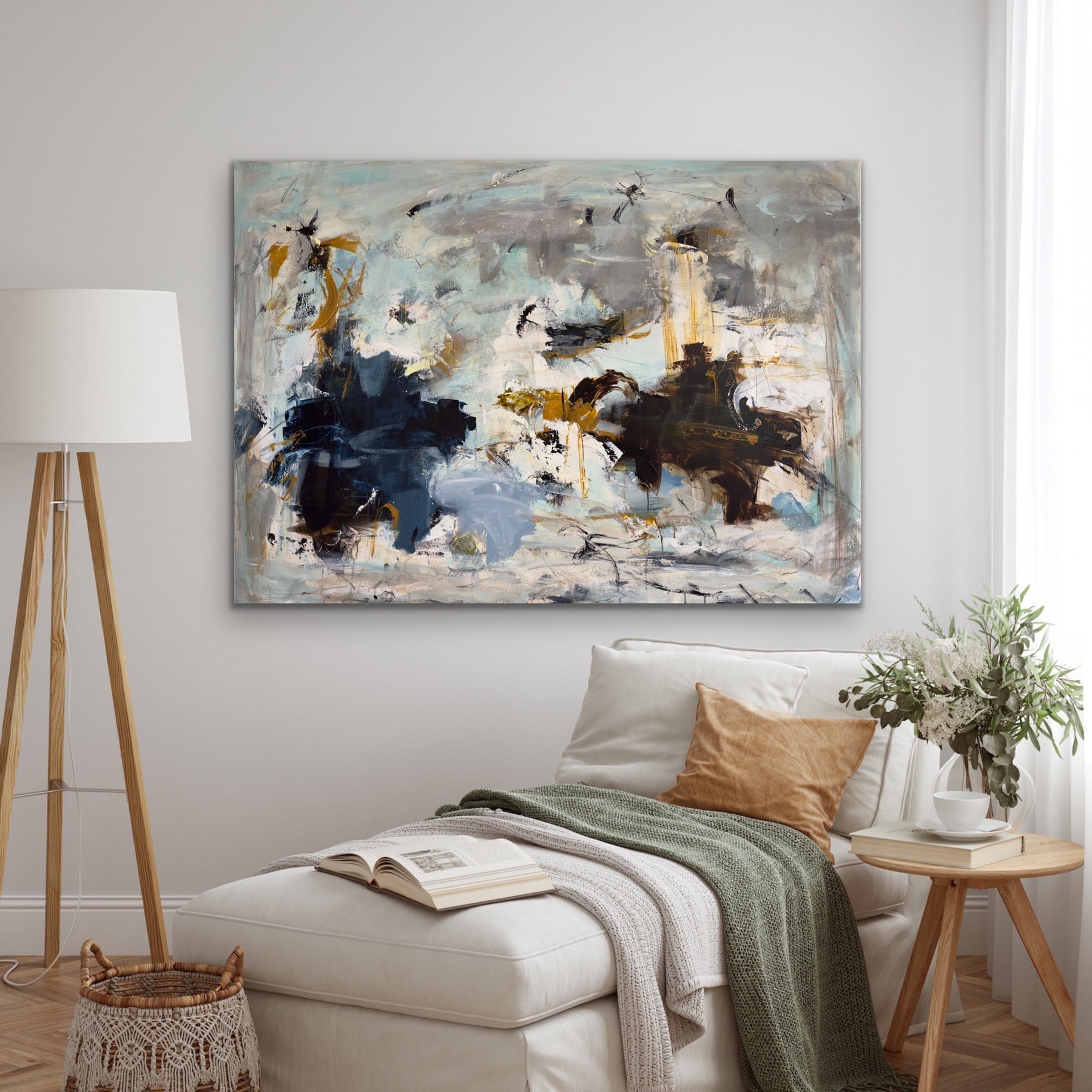 Abstrakt maleri, 140x100 cm, "Fly bird" by Lone Reedtz , Abstrakt ekspressivt akrylmaleri på lærred Black Blue Brown Grey Ochre Orange Pink White