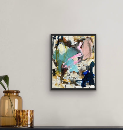 Abstrakt maleri, 40x50 cm, "Joy” by Lone Reedtz , Abstrakt ekspressivt akrylmaleri på lærred Med sort svæveramme Black Blue Brown Green Grey Ochre Pink Purple White