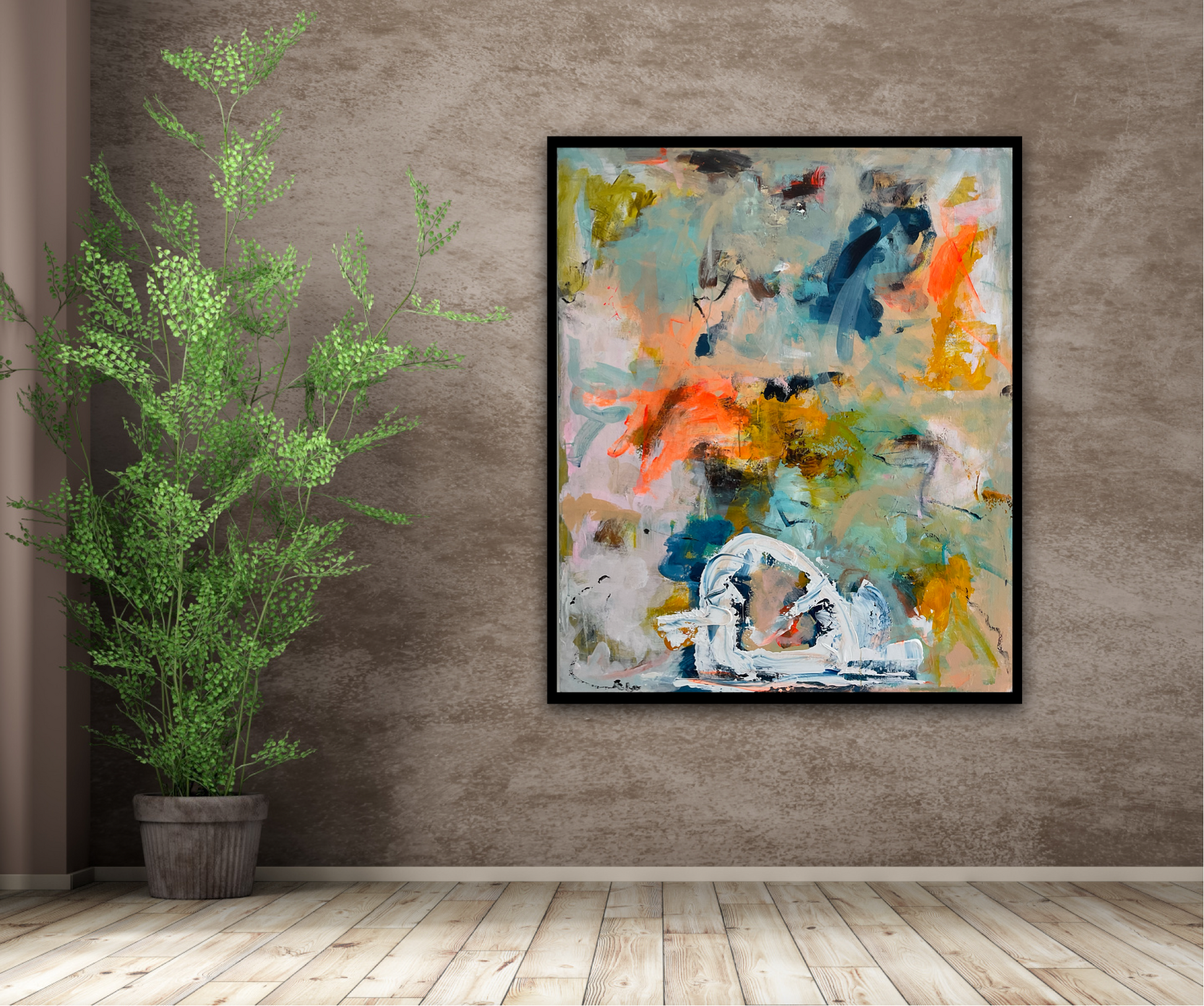 Abstrakt maleri, 120x100 cm, "A world full of colors" by Lone Reedtz , Abstrakt ekspressivt akrylmaleri på lærred Med sort svæveramme