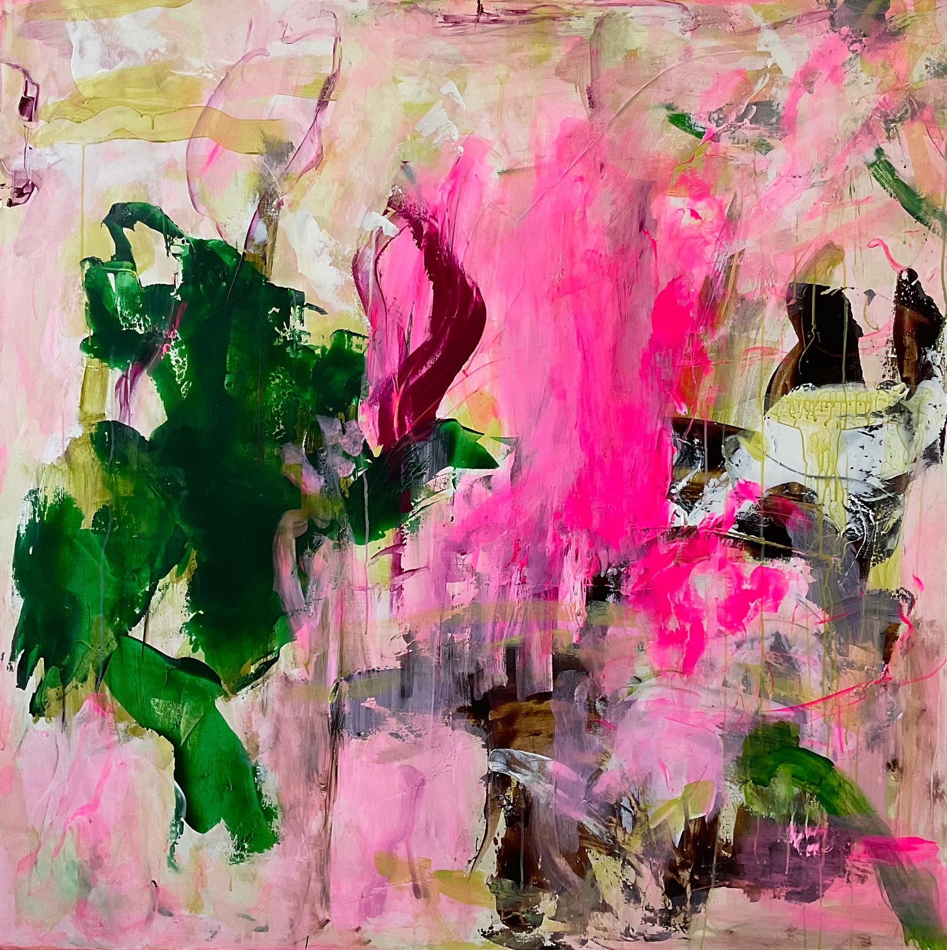 Abstrakt maleri, 120x120 cm, "FEELING ALIVE” by Lone Reedtz , Abstrakt ekspressivt akrylmaleri på lærred