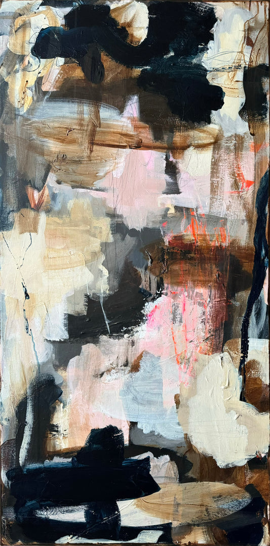 Abstrakt maleri, 100x50 cm, "Soft light" by Lone Reedtz , Abstrakt ekspressivt akrylmaleri på lærred Uden ramme Black Blue Brown Golden Ochre Pink White