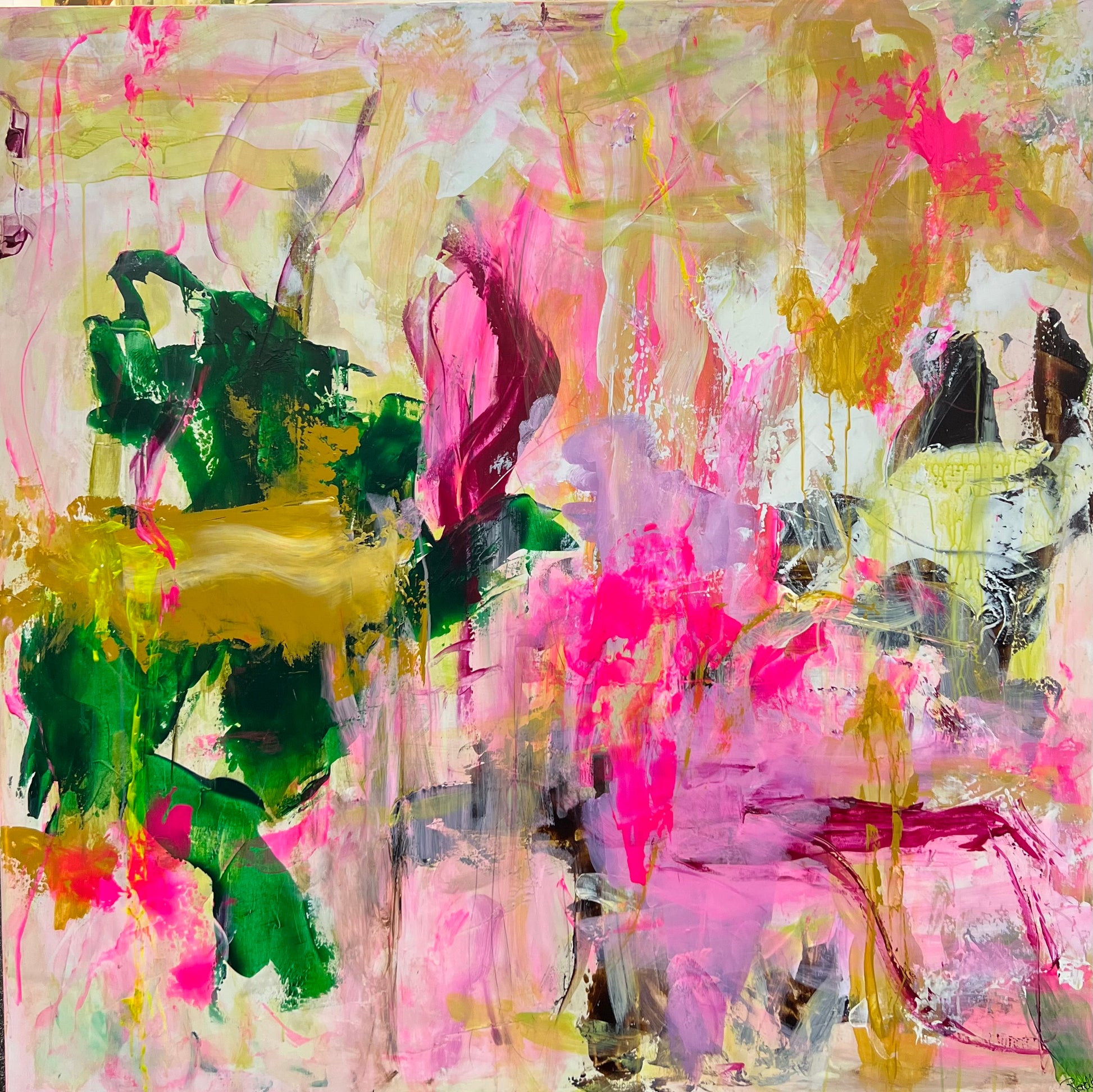 Abstrakt maleri, 120x120 cm, "FEELING ALIVE” by Lone Reedtz , Abstrakt ekspressivt akrylmaleri på lærred