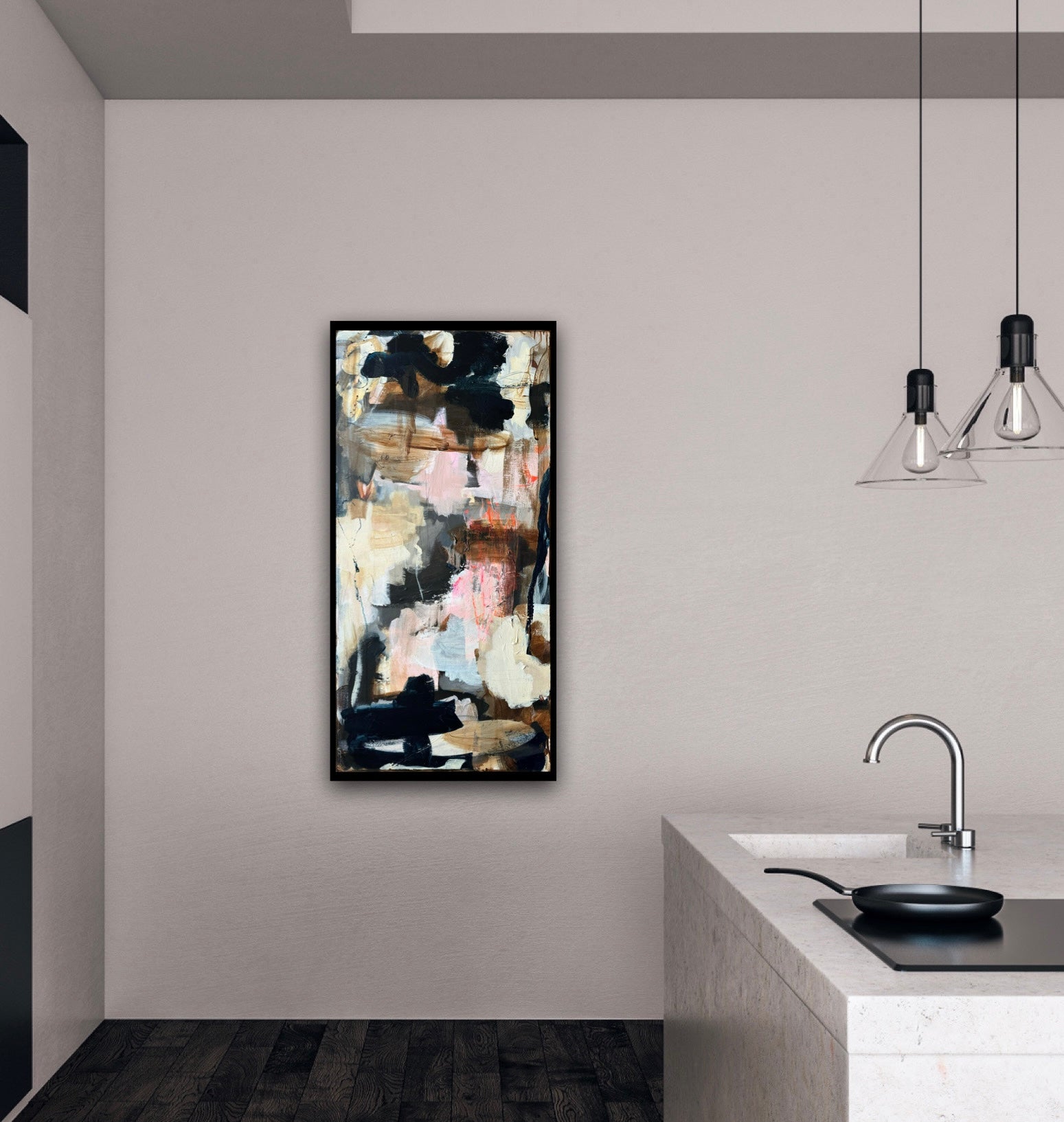 Abstrakt maleri, 100x50 cm, "Soft light" by Lone Reedtz , Abstrakt ekspressivt akrylmaleri på lærred Med sort svæveramme Black Blue Brown Golden Ochre Pink White