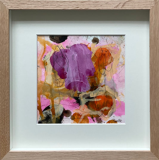 Paperwork, 30x30 cm, i boksramme af massivt egetræ by Lone Reedtz , Abstrakt ekspressivt akrylmaleri på papir i passepartout