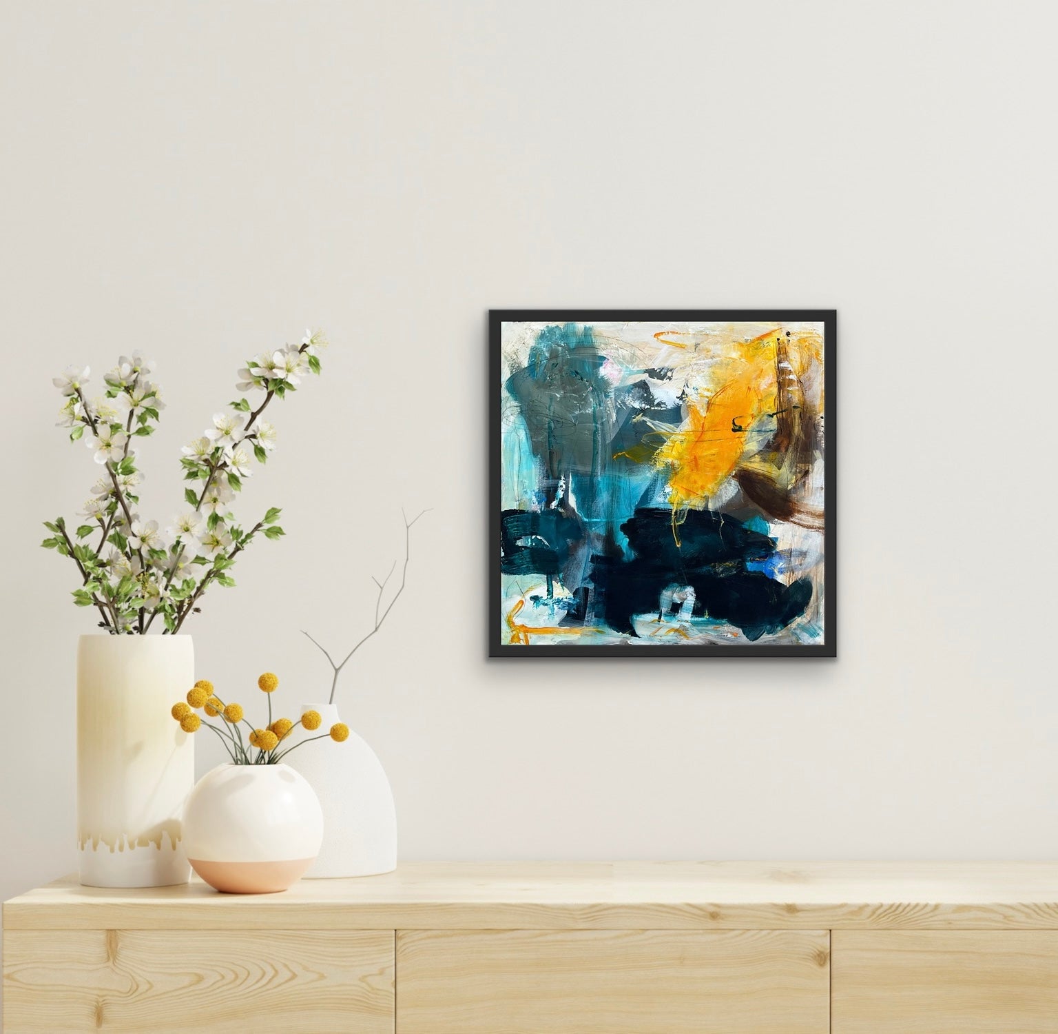 Abstrakt maleri, 40x40 cm, "Glorie" by Lone Reedtz , Abstrakt ekspressivt akrylmaleri på lærred Med sort svæveramme Black Brown Golden Grey Ochre Pink Square White