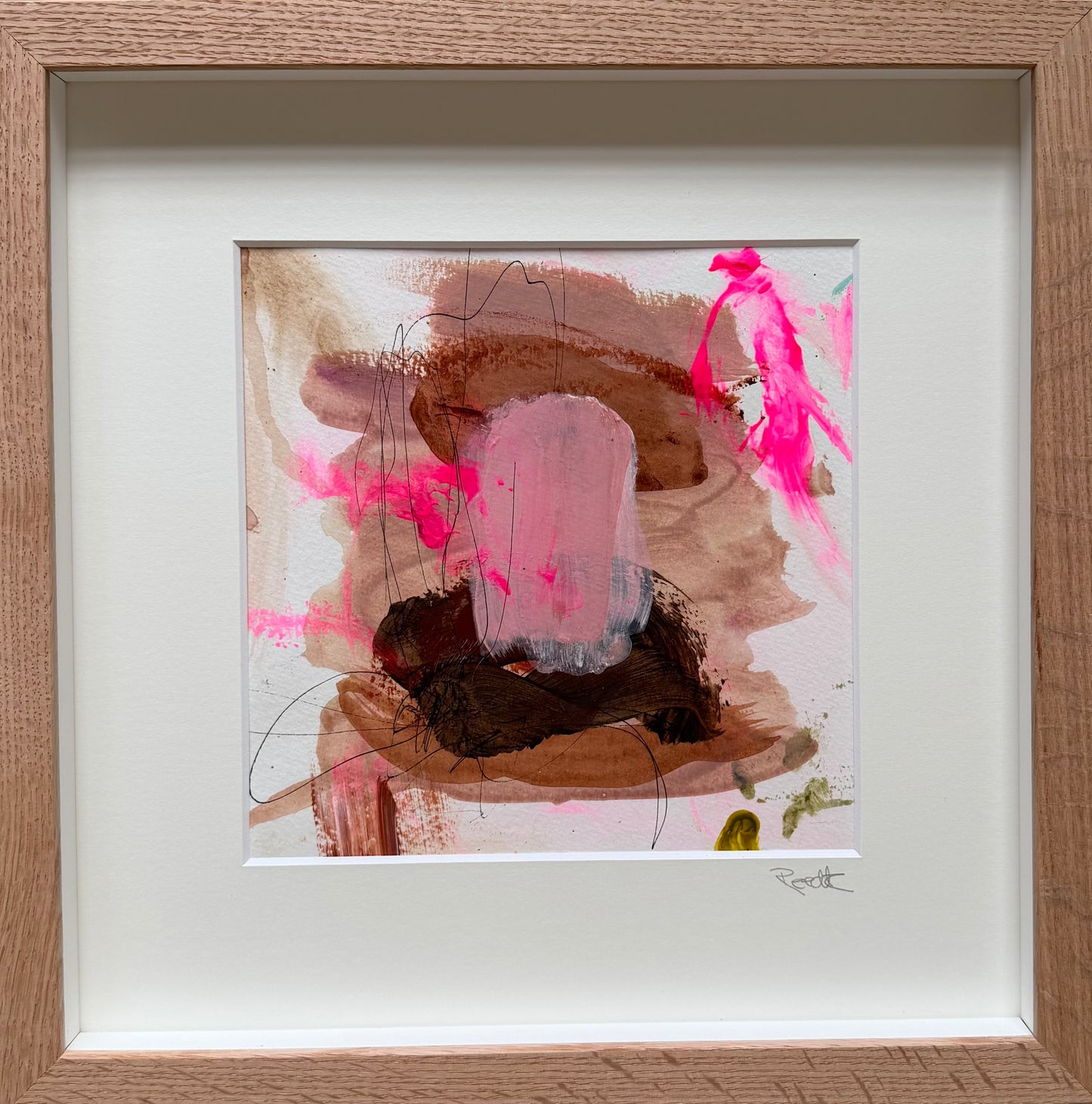Paperwork, 30x30 cm, i boksramme af massivt egetræ by Lone Reedtz , Abstrakt ekspressivt akrylmaleri på papir i passepartout