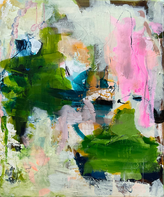 Abstrakt maleri, 60x50 cm, "Vild blomst” by Lone Reedtz , Abstrakt ekspressivt akrylmaleri på lærred Uden ramme Black Blue Brown Green Grey Ochre Purple White