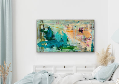Abstrakt maleri, 80x140 cm, "UNDERNEATH THE SEA” by Lone Reedtz , Abstrakt ekspressivt akrylmaleri på lærred Uden ramme