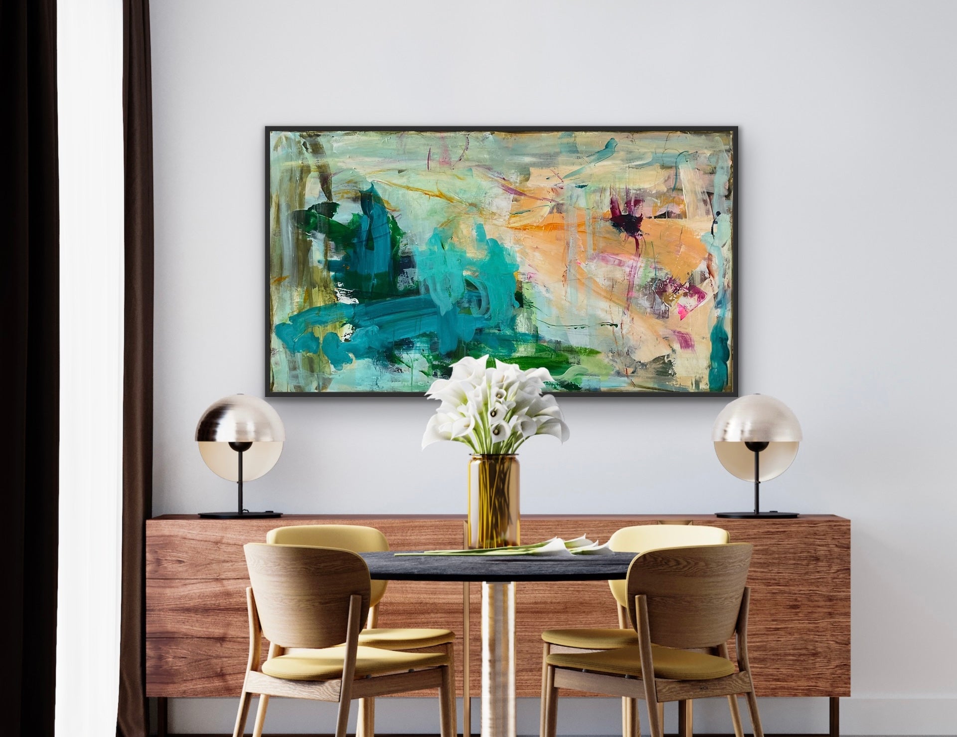 Abstrakt maleri, 80x140 cm, "UNDERNEATH THE SEA” by Lone Reedtz , Abstrakt ekspressivt akrylmaleri på lærred Med sort svæveramme