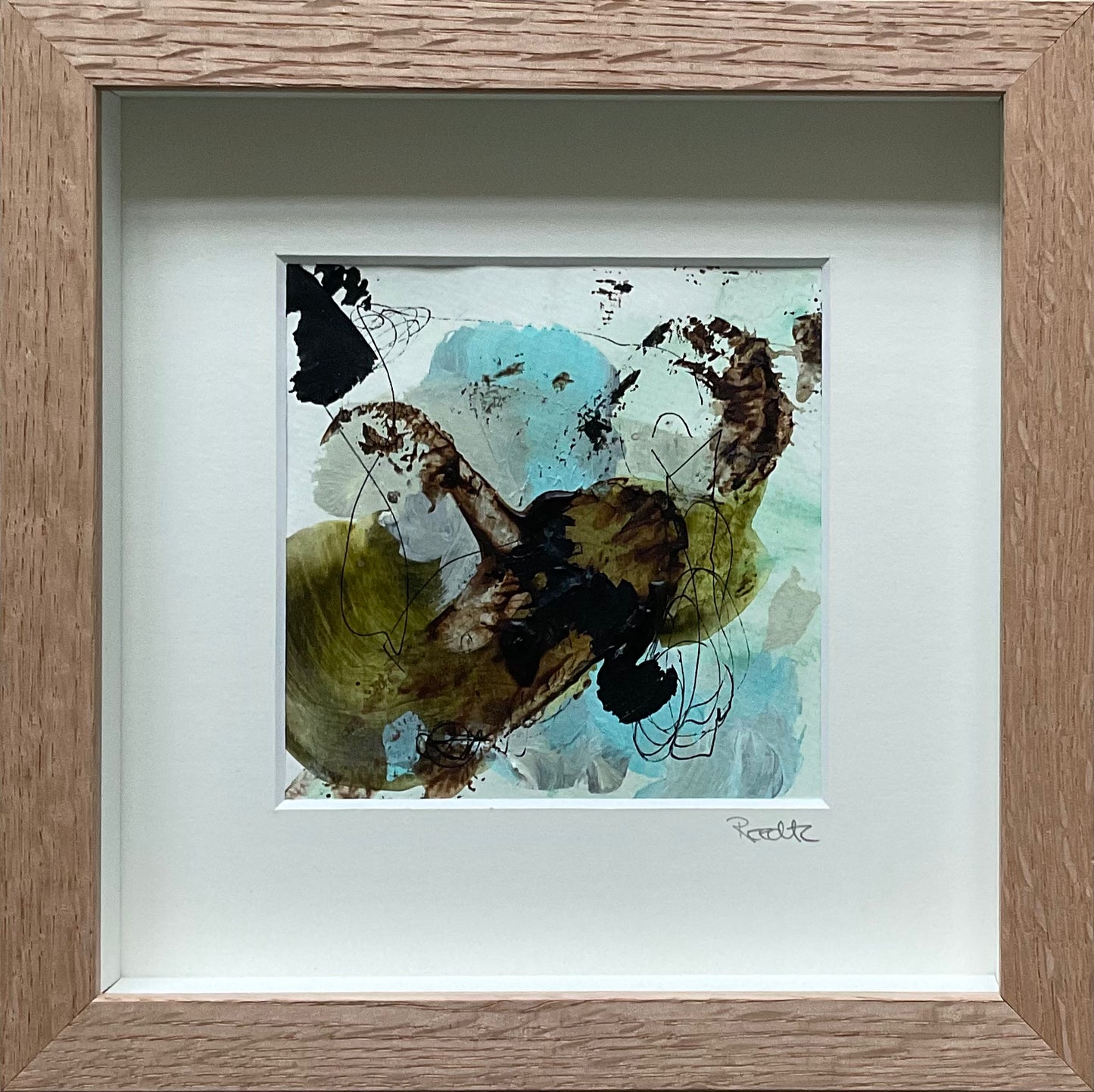 Paperwork, 20x20 cm, i boksramme af massivt egetræ by Lone Reedtz , Abstrakt ekspressivt akrylmaleri på papir i passepartout