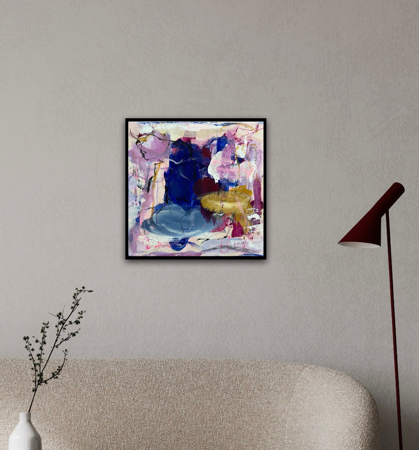 Abstrakt maleri, 40x40 cm, "A new day rising” by Lone Reedtz , Abstrakt ekspressivt akrylmaleri på lærred Med sort svæveramme Black Blue Brown Ochre Purple White