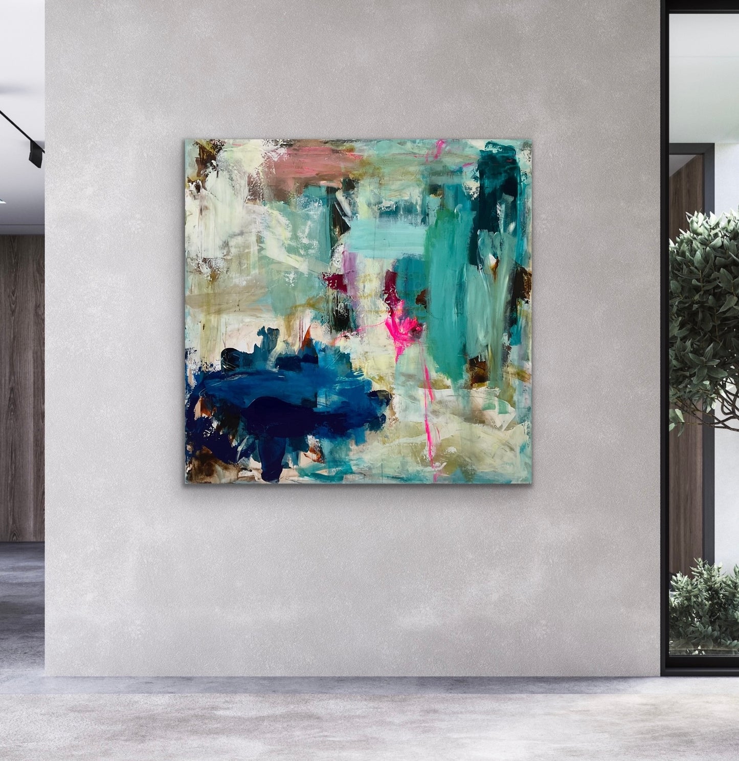 Abstrakt maleri, 120x120 cm, "WALKING ON A DREAM” by Lone Reedtz , Abstrakt ekspressivt akrylmaleri på lærred Uden ramme