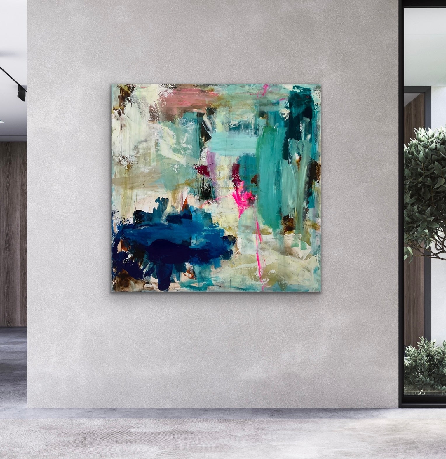Abstrakt maleri, 120x120 cm, "WALKING ON A DREAM” by Lone Reedtz , Abstrakt ekspressivt akrylmaleri på lærred Uden ramme
