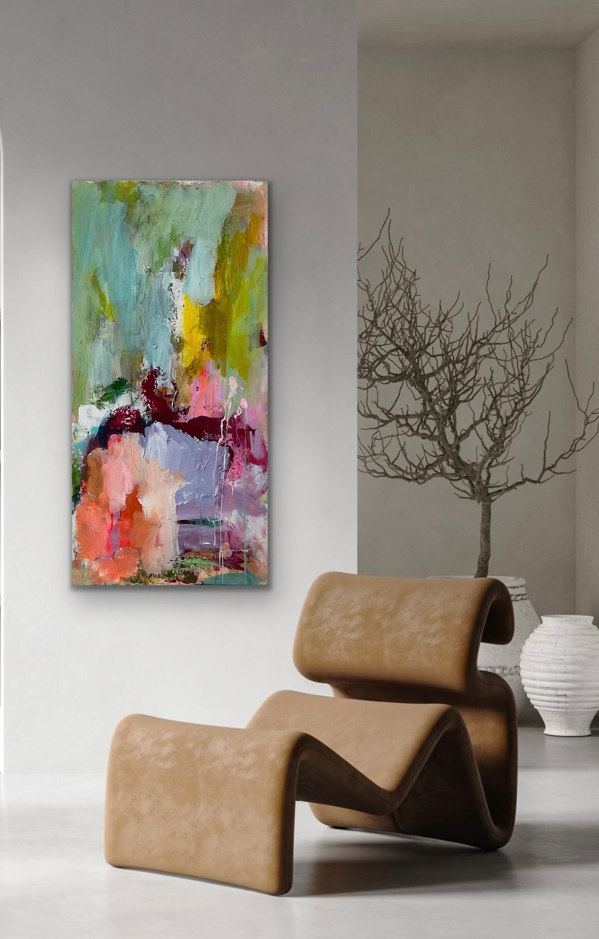 Abstrakt maleri, 100x50 cm, ”PEACH” by Lone Reedtz , Abstrakt ekspressivt akrylmaleri på lærred Kunstsamlingen-katalog-2025