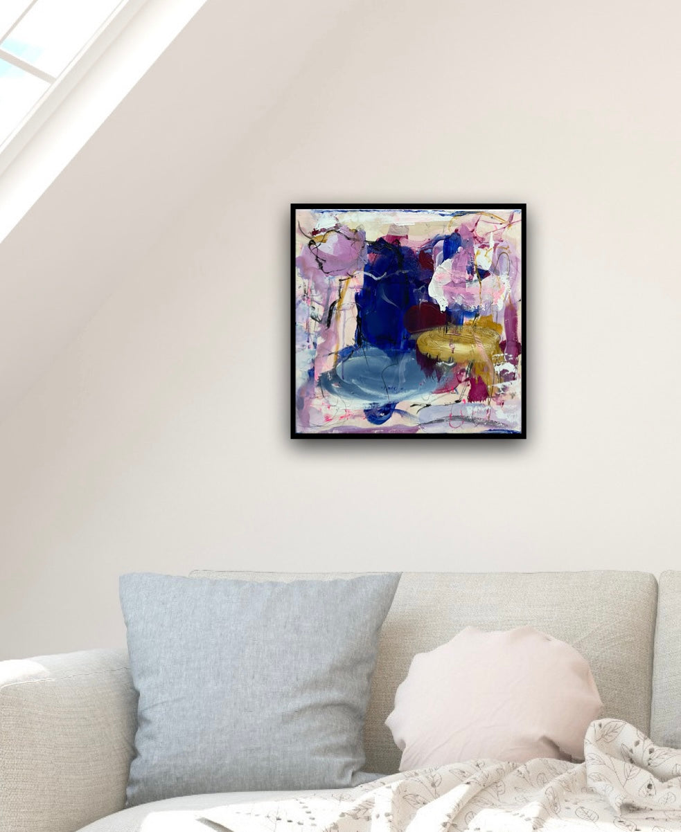 Abstrakt maleri, 40x40 cm, "A new day rising” by Lone Reedtz , Abstrakt ekspressivt akrylmaleri på lærred Black Blue Brown Ochre Purple White