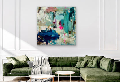 Abstrakt maleri, 120x120 cm, "WALKING ON A DREAM” by Lone Reedtz , Abstrakt ekspressivt akrylmaleri på lærred