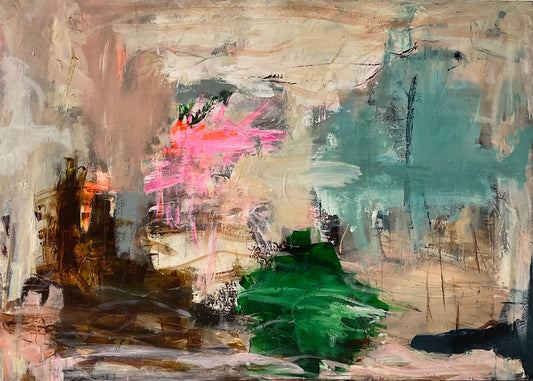 Abstrakt maleri, 100x140 cm, "Guardian angels" by Lone Reedtz , Abstrakt ekspressivt akrylmaleri på lærred Uden ramme Black Blue Brown Grey Ochre Orange Pink White