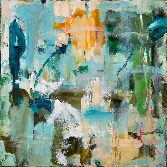 Abstrakt maleri, 100x100 cm, “FOREVER CALM” by Lone Reedtz , Abstrakt ekspressivt akrylmaleri på lærred Blue Brown Green Grey Kunstsamlingen-katalog-2025 Orange Pink White Yellow