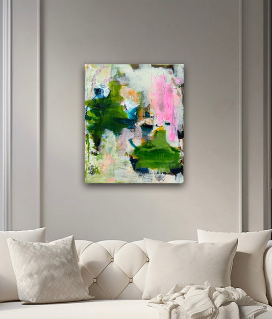 Abstrakt maleri, 60x50 cm, "Vild blomst” by Lone Reedtz , Abstrakt ekspressivt akrylmaleri på lærred Black Blue Brown Green Grey Ochre Purple White