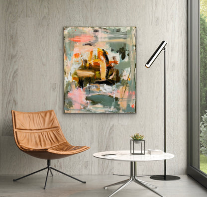 Abstrakt maleri, 120x100 cm, “SWIM INTO THE WORLD” by Lone Reedtz , Abstrakt ekspressivt akrylmaleri på lærred Blue Brown Green Grey Orange Pink White Yellow
