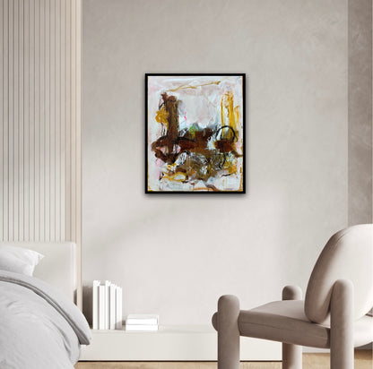 Abstrakt maleri, 50x60cm, “Family” by Lone Reedtz , Abstrakt ekspressivt akrylmaleri på lærred Black Brown Grey Ochre Pink White Yellow