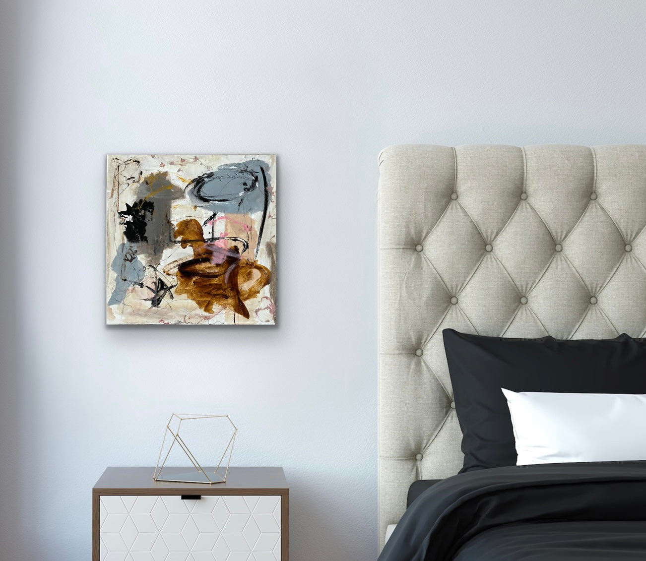 Abstrakt maleri, 40x40 cm, "A love story" by Lone Reedtz , Abstrakt ekspressivt akrylmaleri på lærred Black Brown Golden Grey Ochre Pink Square White