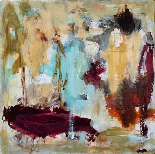 Abstrakt maleri, 100x100 cm, “JUST IMAGINE” by Lone Reedtz , Abstrakt ekspressivt akrylmaleri på lærred Blue Brown Green Grey Kunstsamlingen-katalog-2025 Orange Pink White Yellow