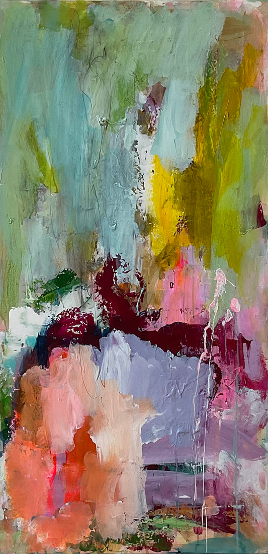 Abstrakt maleri, 100x50 cm, ”PEACH” by Lone Reedtz , Abstrakt ekspressivt akrylmaleri på lærred Kunstsamlingen-katalog-2025