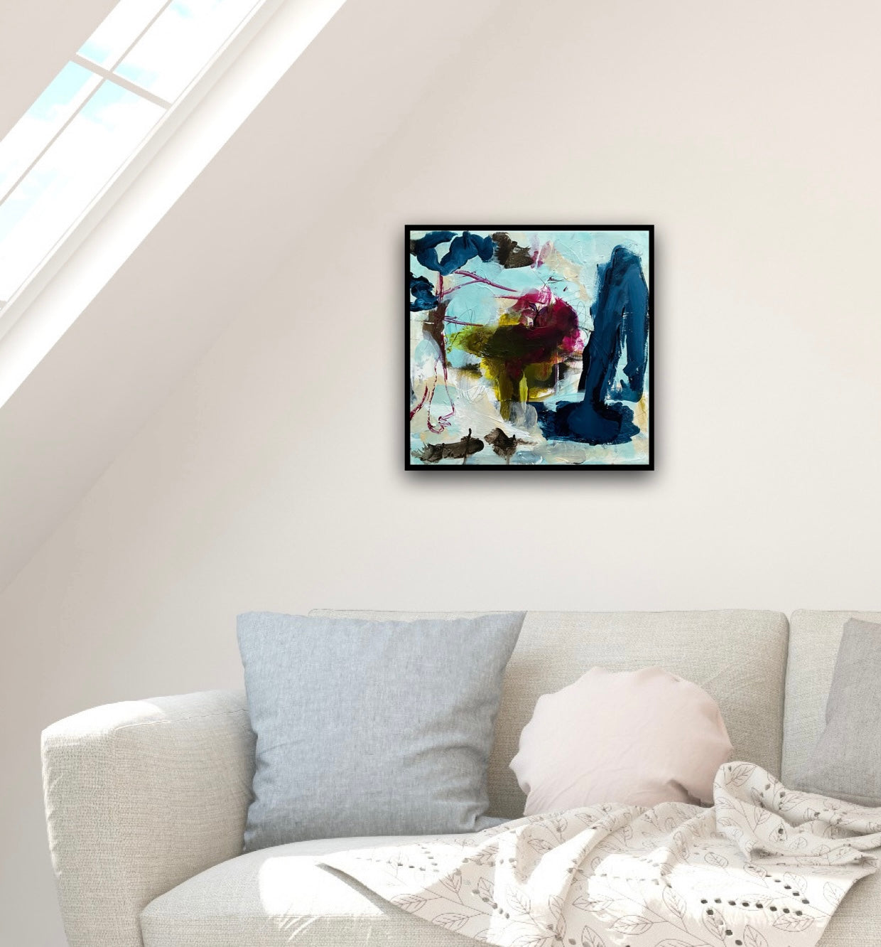Abstrakt maleri, 40x40 cm, "Full of dreams” by Lone Reedtz , Abstrakt ekspressivt akrylmaleri på lærred Med sort svæveramme Black Blue Brown Green Ochre Purple White