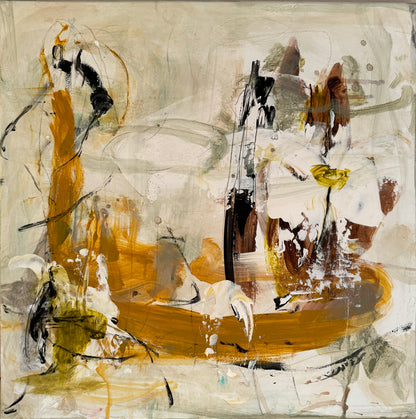 Abstrakt maleri, 40x40 cm, "Dig og mig” by Lone Reedtz , Abstrakt ekspressivt akrylmaleri på lærred Uden ramme Black Brown Grey Ochre White