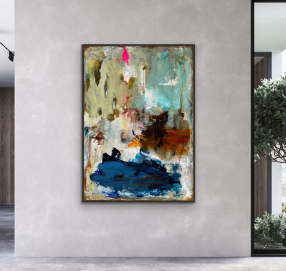 140x100 cm, "SOMETHING NEW” by Lone Reedtz , Abstrakt ekspressivt akrylmaleri på lærred Med sort svæveramme Kunstsamlingen-katalog-2025