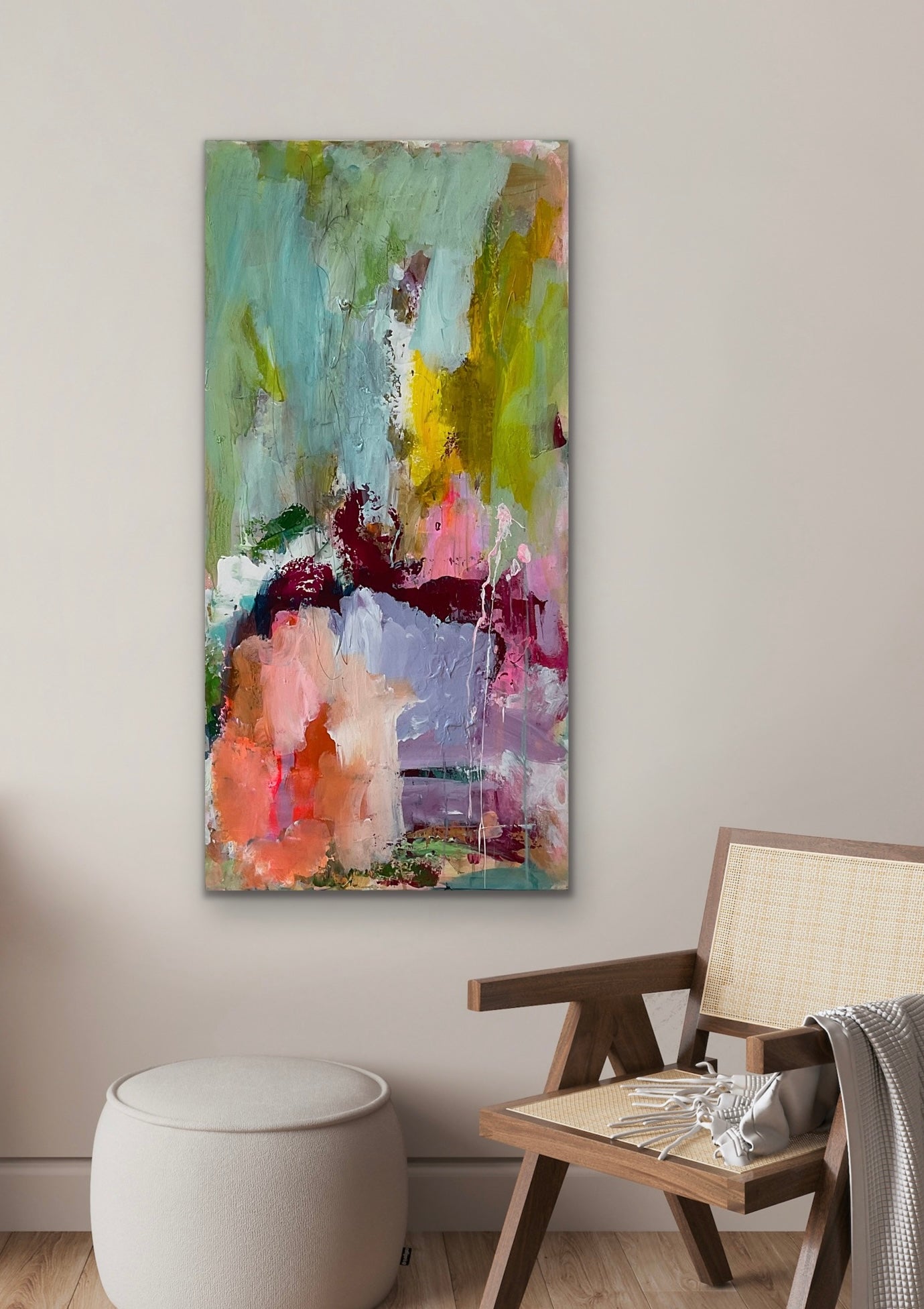 Abstrakt maleri, 100x50 cm, ”PEACH” by Lone Reedtz , Abstrakt ekspressivt akrylmaleri på lærred Kunstsamlingen-katalog-2025