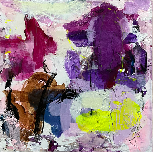 Abstrakt maleri, 40x40 cm, "Make a wish” by Lone Reedtz , Abstrakt ekspressivt akrylmaleri på lærred Uden ramme Black Blue Brown Grey Ochre Pink Purple White Yellow