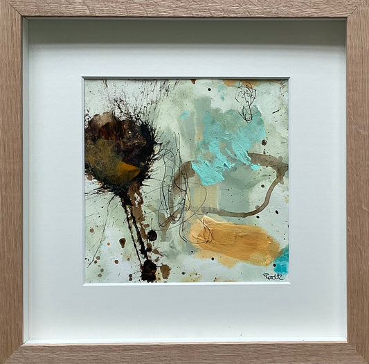 Paperwork, 30x30 cm, i boksramme af massivt egetræ by Lone Reedtz , Abstrakt ekspressivt akrylmaleri på papir i passepartout