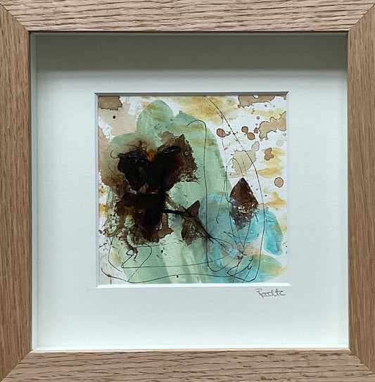 Paperwork, 20x20 cm, i boksramme af massivt egetræ by Lone Reedtz , Abstrakt ekspressivt akrylmaleri på papir i passepartout