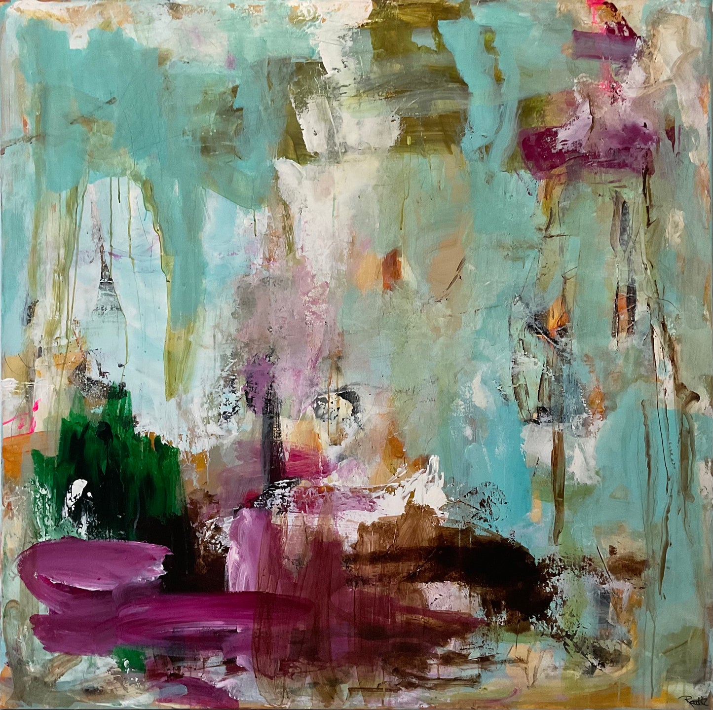 Abstrakt maleri, 120x120 cm, “ALL THAT WE ARE” by Lone Reedtz , Abstrakt ekspressivt akrylmaleri på lærred