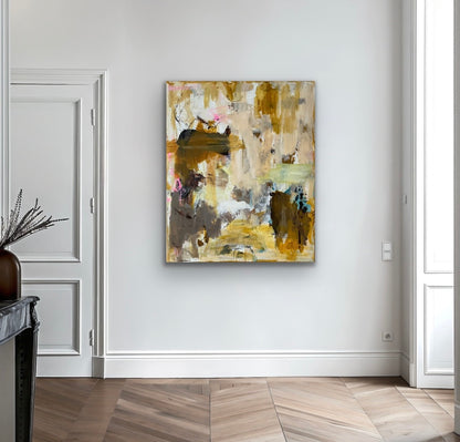 Abstrakt maleri, 120x100 cm, “GOLDEN SILENCE” by Lone Reedtz , Abstrakt ekspressivt akrylmaleri på lærred Uden ramme Blue Brown Green Grey Kunstsamlingen-katalog-2025 Orange Pink White Yellow