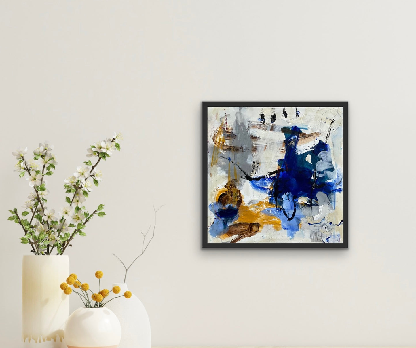 Abstrakt maleri, 40x40 cm, "Walk of life” by Lone Reedtz , Abstrakt ekspressivt akrylmaleri på lærred Med sort svæveramme Black Blue Brown Grey Ochre White