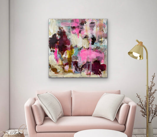 Abstrakt maleri, 100x100 cm, “LIFE” by Lone Reedtz , Abstrakt ekspressivt akrylmaleri på lærred Blue Brown Green Grey Kunstsamlingen-katalog-2025 Orange Pink White Yellow