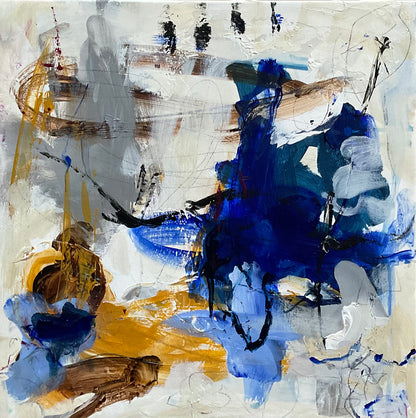 Abstrakt maleri, 40x40 cm, "Walk of life” by Lone Reedtz , Abstrakt ekspressivt akrylmaleri på lærred Uden ramme Black Blue Brown Grey Ochre White
