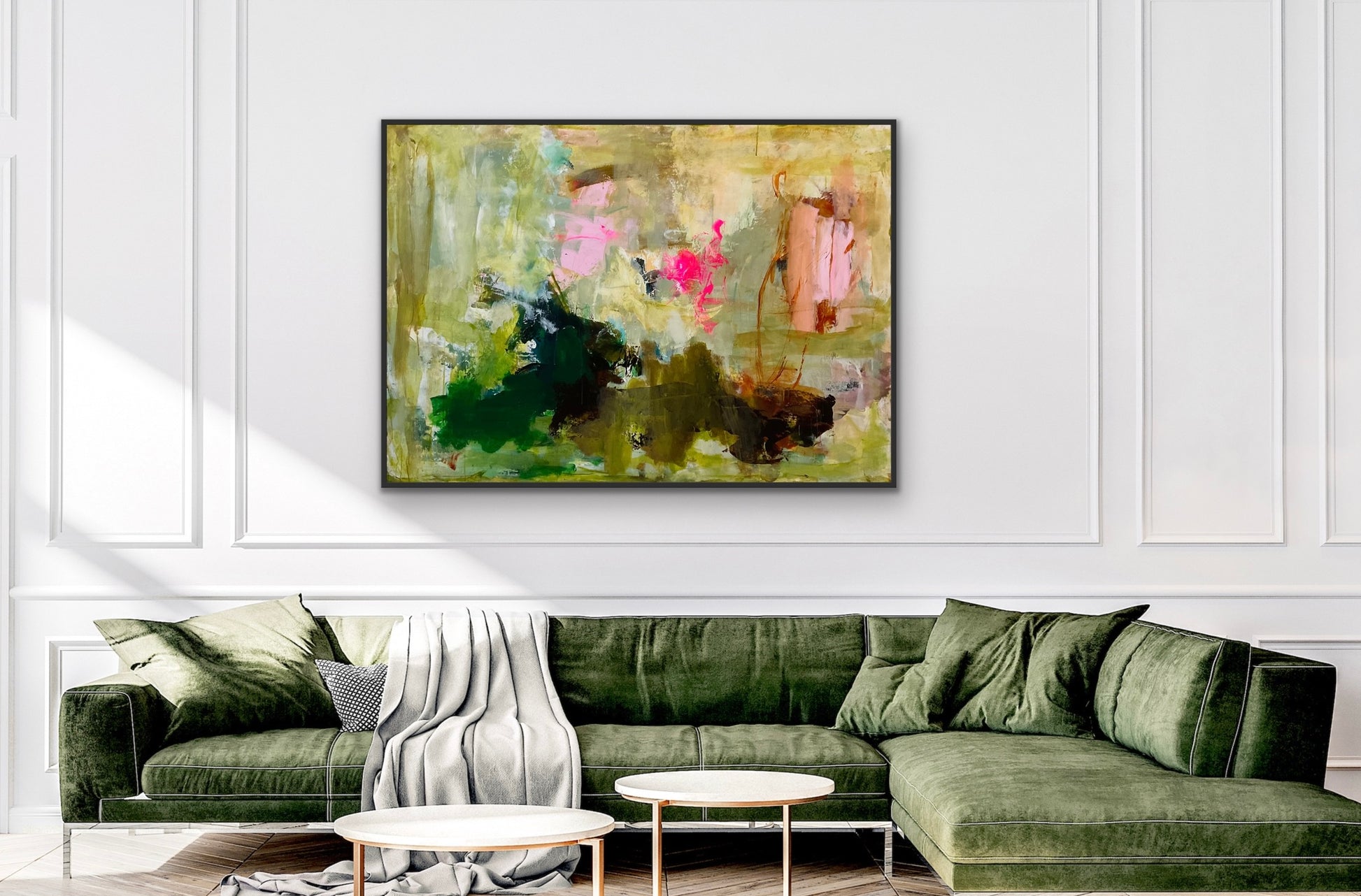 Abstrakt maleri, 100x140 cm, "A QUIET PLACE” by Lone Reedtz , Abstrakt ekspressivt akrylmaleri på lærred Med sort svæveramme