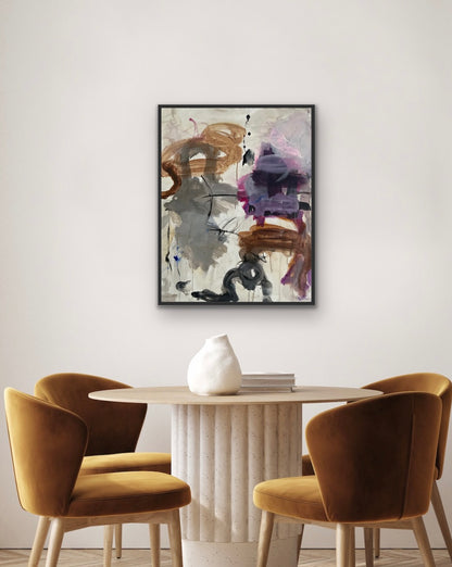 Abstrakt maleri, 70x90 cm, "Purple sky" by Lone Reedtz , Abstrakt ekspressivt akrylmaleri på lærred Med sort svæveramme Black Blue Brown Childish Grey Pink Purple