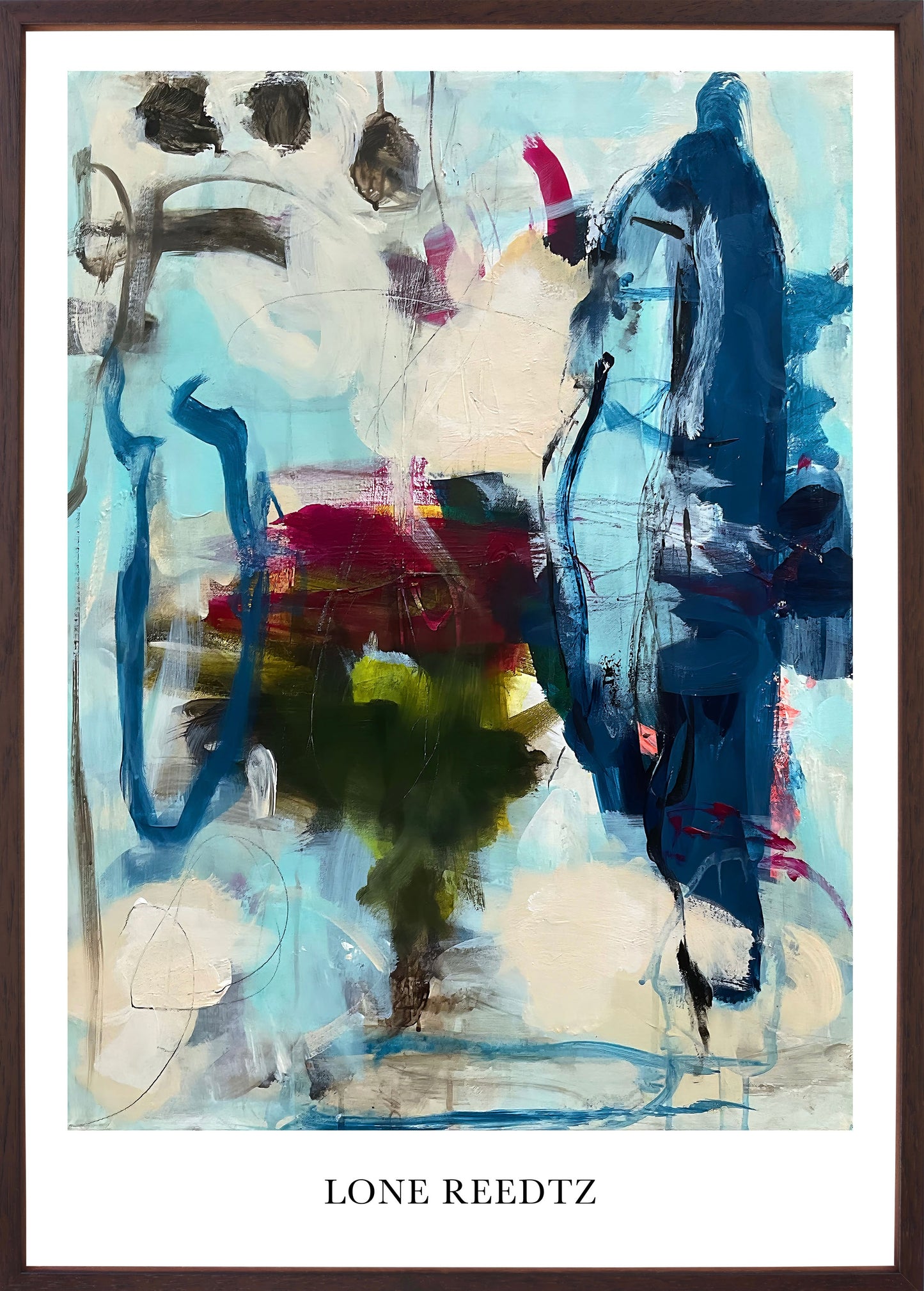 Abstrakt kunstplakat, 62x44 cm, "Lily" - Limited Edition by Lone Reedtz , Abstrakt ekspressiv kunstplakat Mørk egetræsramme