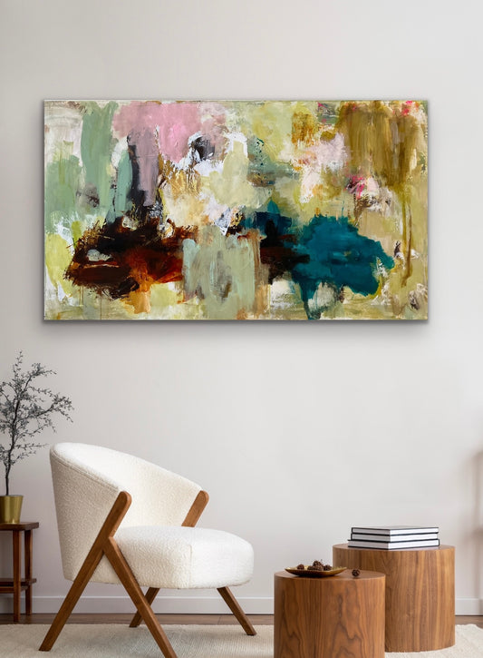 Abstrakt maleri, 80x140 cm, "A PLACE WITHOUT TIME” by Lone Reedtz , Abstrakt ekspressivt akrylmaleri på lærred