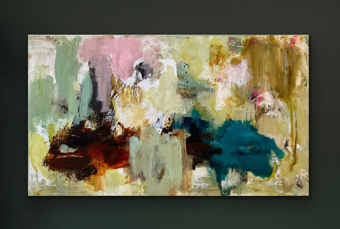 Abstrakt maleri, 80x140 cm, "A PLACE WITHOUT TIME” by Lone Reedtz , Abstrakt ekspressivt akrylmaleri på lærred
