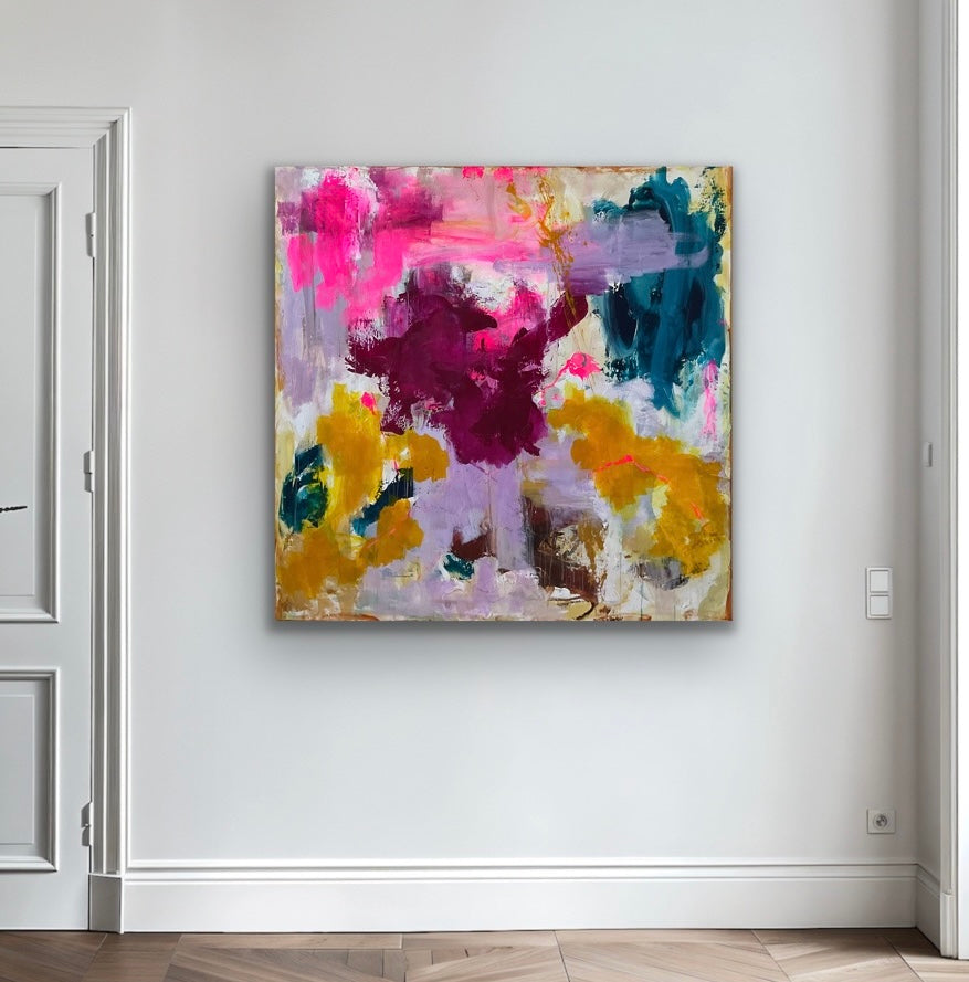 Abstrakt maleri, 120x120 cm, "EMBRACE OF COLORS” by Lone Reedtz , Abstrakt ekspressivt akrylmaleri på lærred Uden ramme