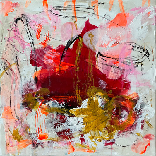 Abstrakt maleri, 40x40 cm, "Livsglæde" by Lone Reedtz , Abstrakt ekspressivt akrylmaleri på lærred Uden ramme Black Ochre Orange Pink Red Square White