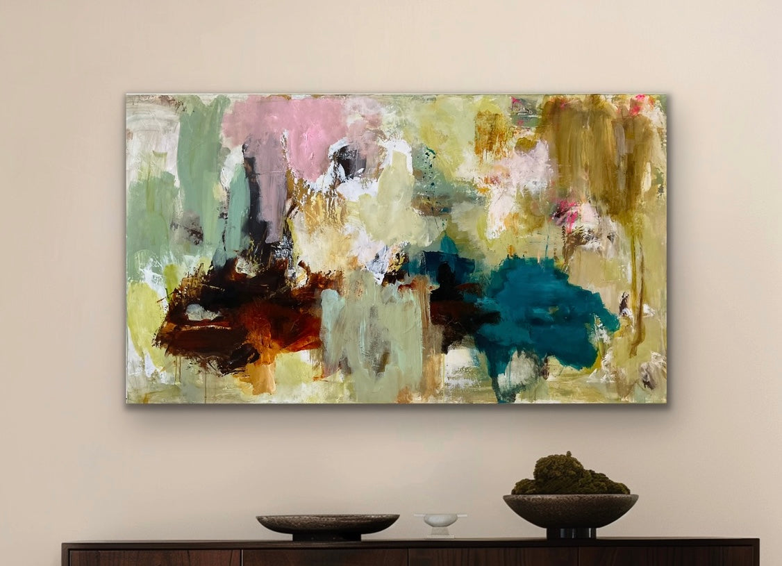 Abstrakt maleri, 80x140 cm, "A PLACE WITHOUT TIME” by Lone Reedtz , Abstrakt ekspressivt akrylmaleri på lærred