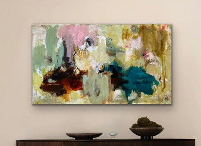 Abstrakt maleri, 80x140 cm, "A PLACE WITHOUT TIME” by Lone Reedtz , Abstrakt ekspressivt akrylmaleri på lærred